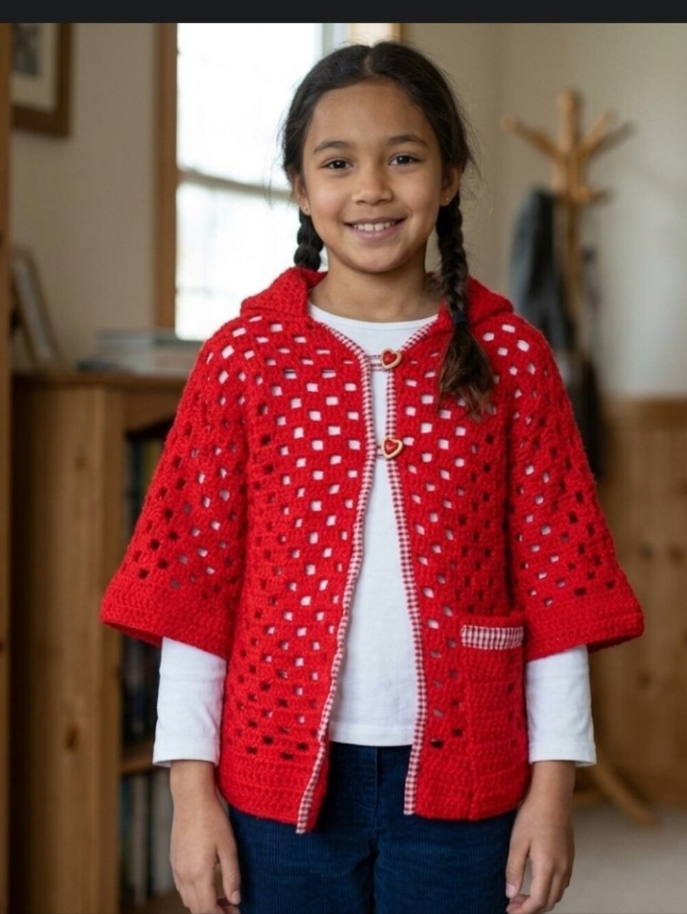 Red afghan blanket coat child L upcycled handmade